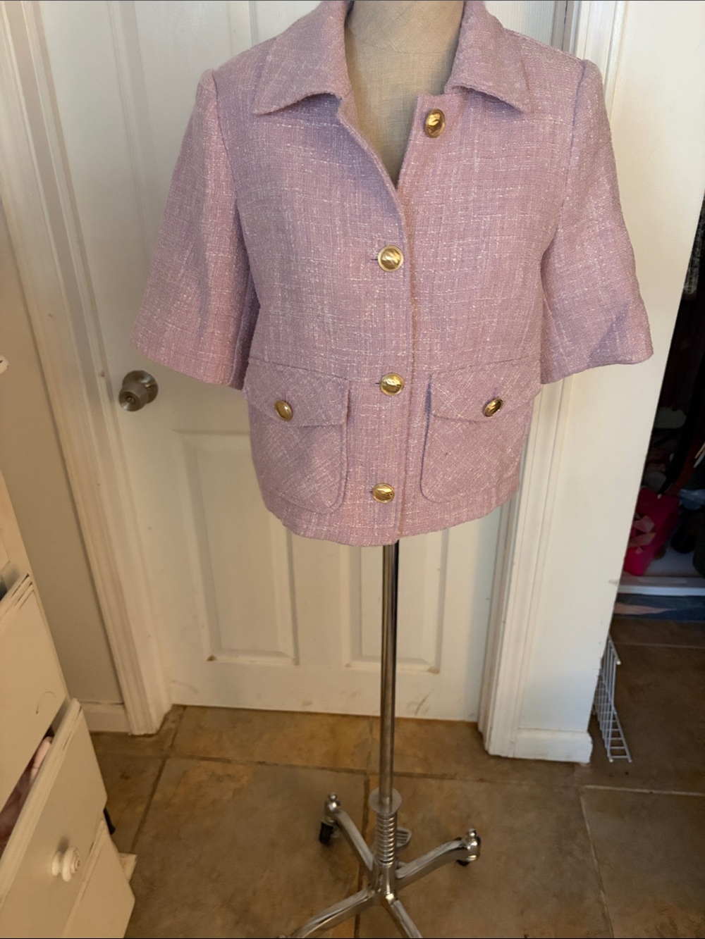 Chico's Cropped Lavender Tweed Jacket with Gold Buttons